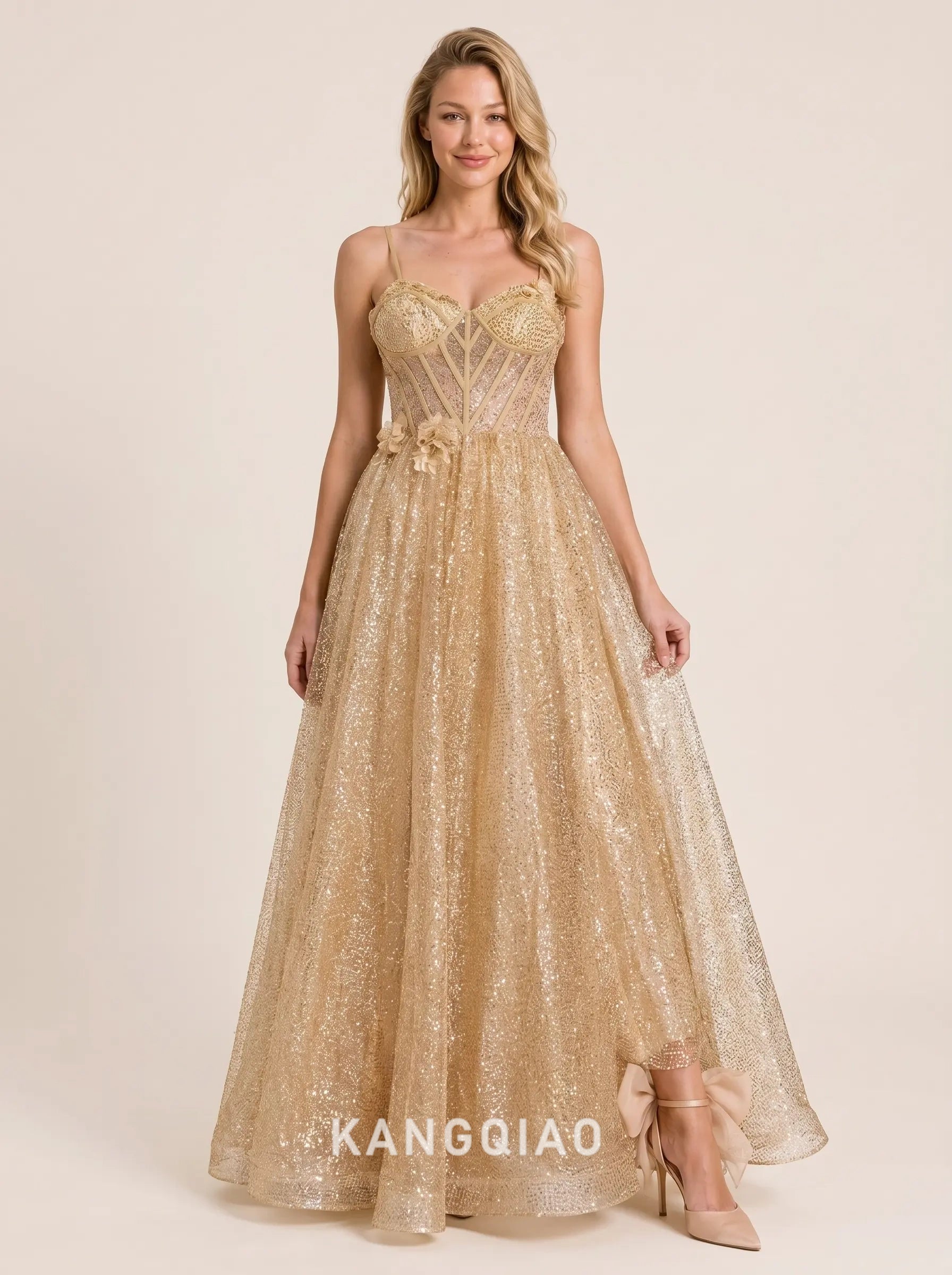 Champagne Gold Glitter A Line Sweetheart Neck Spaghetti Strap Corset Open Back Floor Length Formal Evening Prom Dress