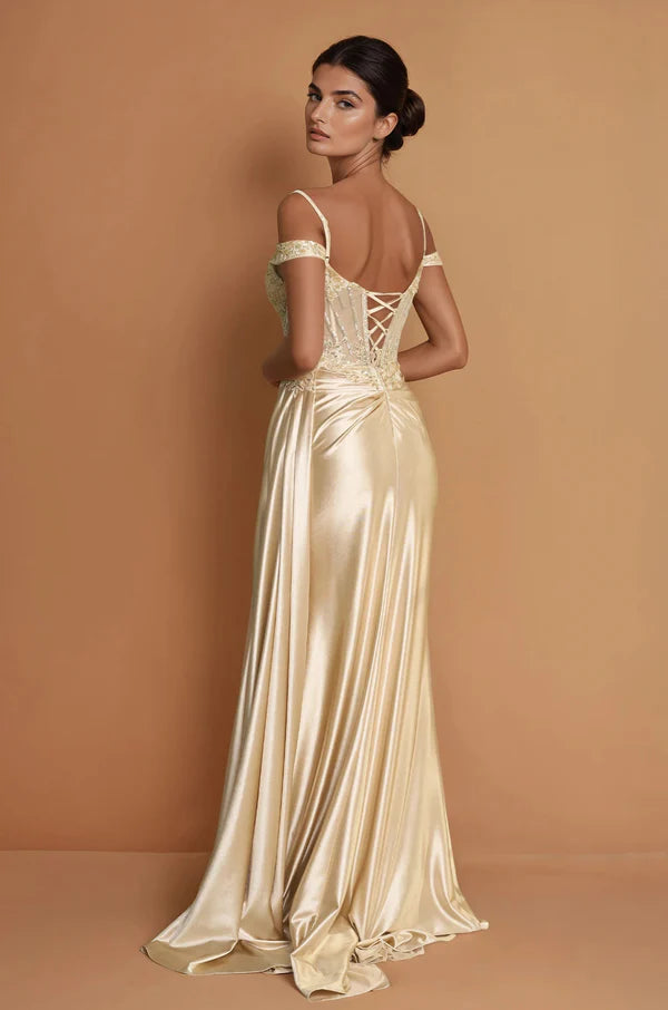 Champagne Gold Satin Off-the-Shoulder Lace Corset Slit Maxi Evening Dresses