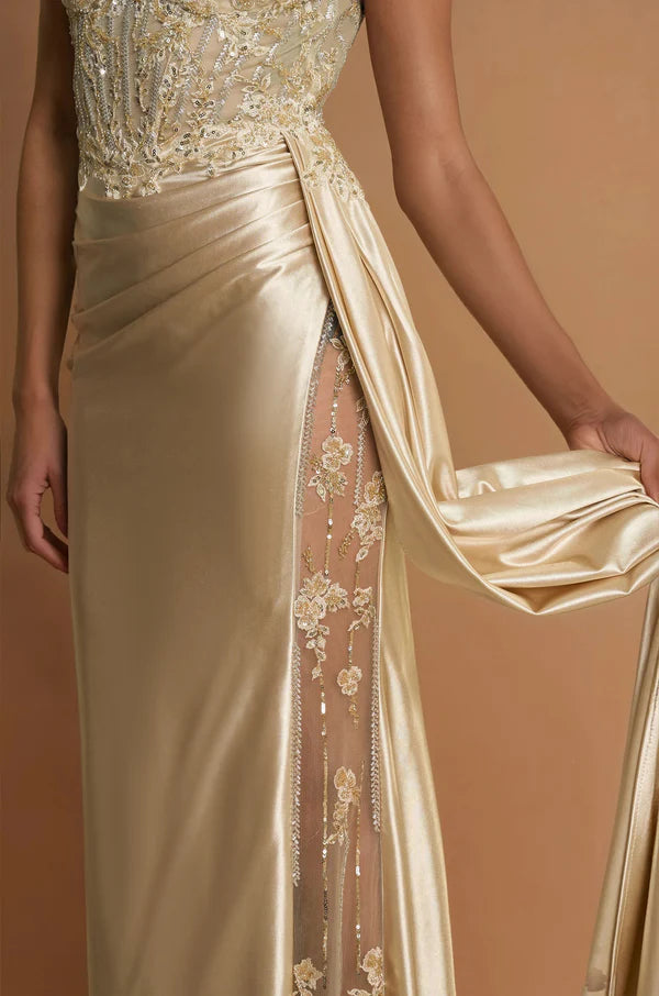 Champagne Gold Satin Off-the-Shoulder Lace Corset Slit Maxi Evening Dresses