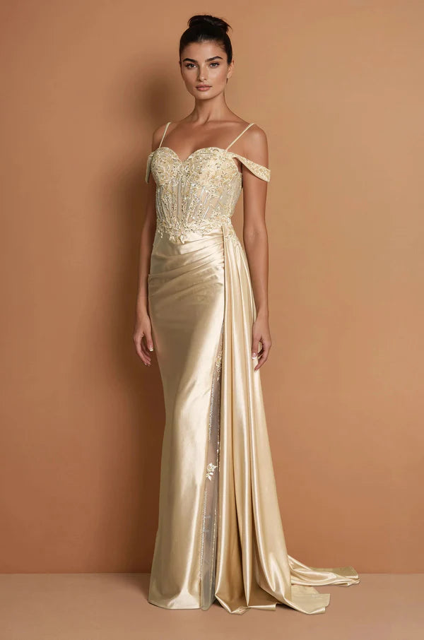 Champagne Gold Satin Off-the-Shoulder Lace Corset Slit Maxi Evening Dresses
