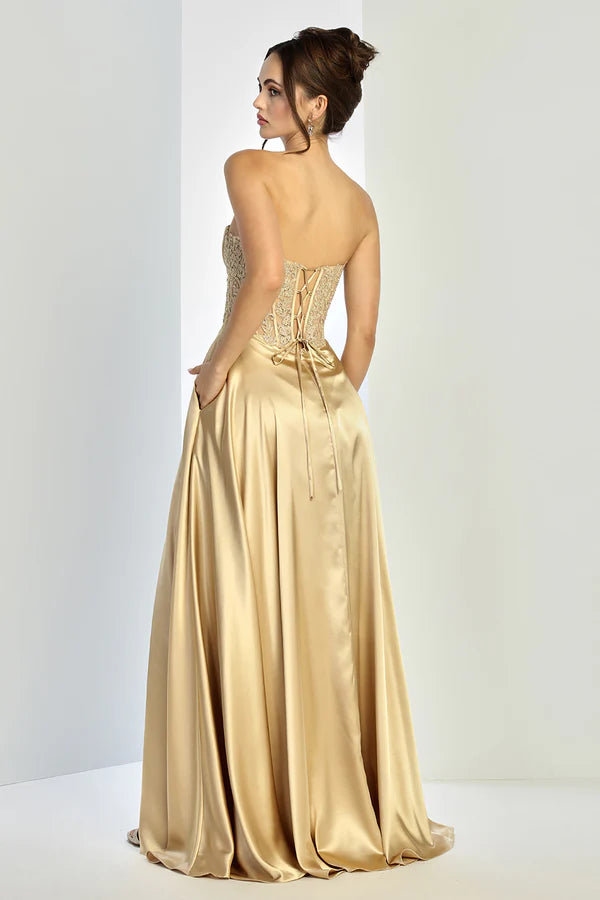 Champagne Gold Satin Strapless Beaded Corset Lace-Up Back Slit Maxi Evening Dresses