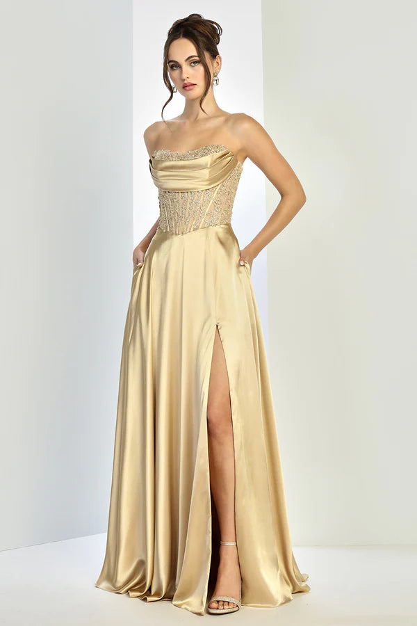 Champagne Gold Satin Strapless Beaded Corset Lace-Up Back Slit Maxi Evening Dresses
