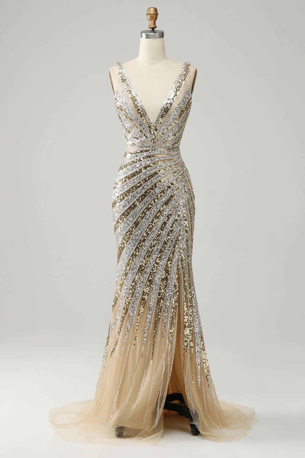 Champagne Gold Sequin V-Neck Mermaid Evening Dresses