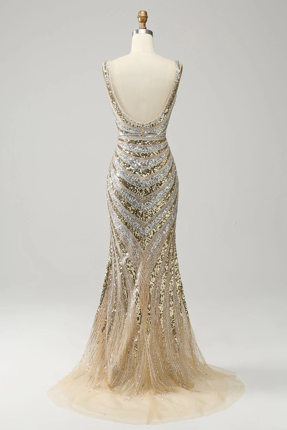 Champagne Gold Sequin V-Neck Mermaid Evening Dresses