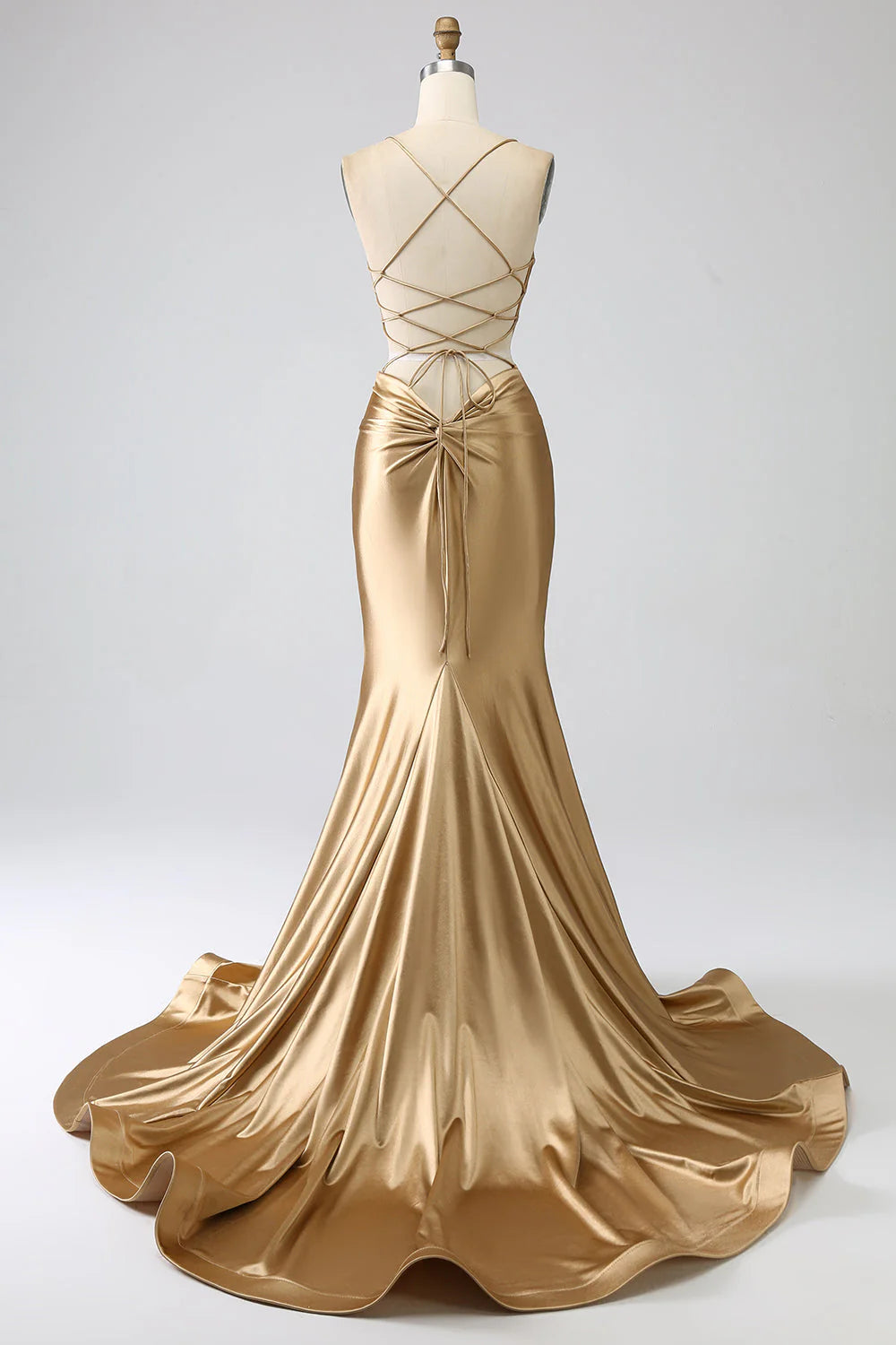 Champagne Gold Spaghetti Strap Lace-Up Back Ruched Satin Mermaid Maxi Evening Dresses