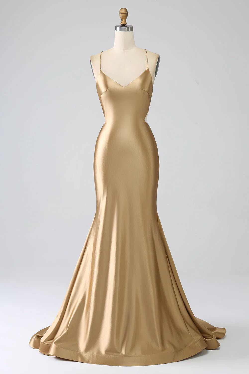 Champagne Gold Spaghetti Strap Lace-Up Back Ruched Satin Mermaid Maxi Evening Dresses
