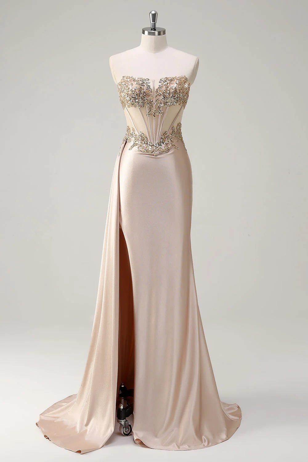 Champagne Lace Satin Mermaid Evening Dresses