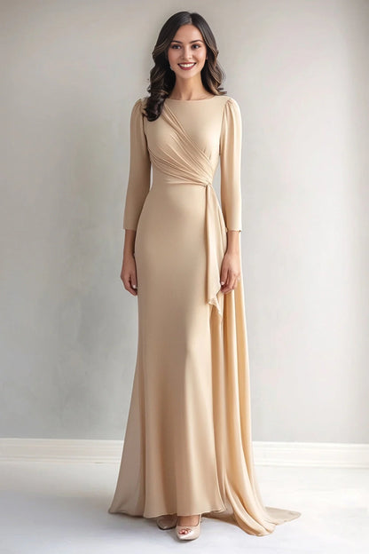 Champagne Mermaid Long Sleeves Ruched Mother of the Bride Dress