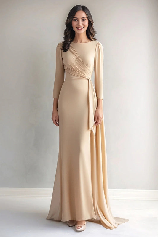 Champagne Mermaid Long Sleeves Ruched Mother of the Bride Dress