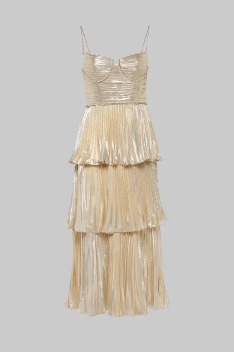Champagne Metallic Tiered Pleated Midi Dress with Crystal Beaded Straps & Bust Detail