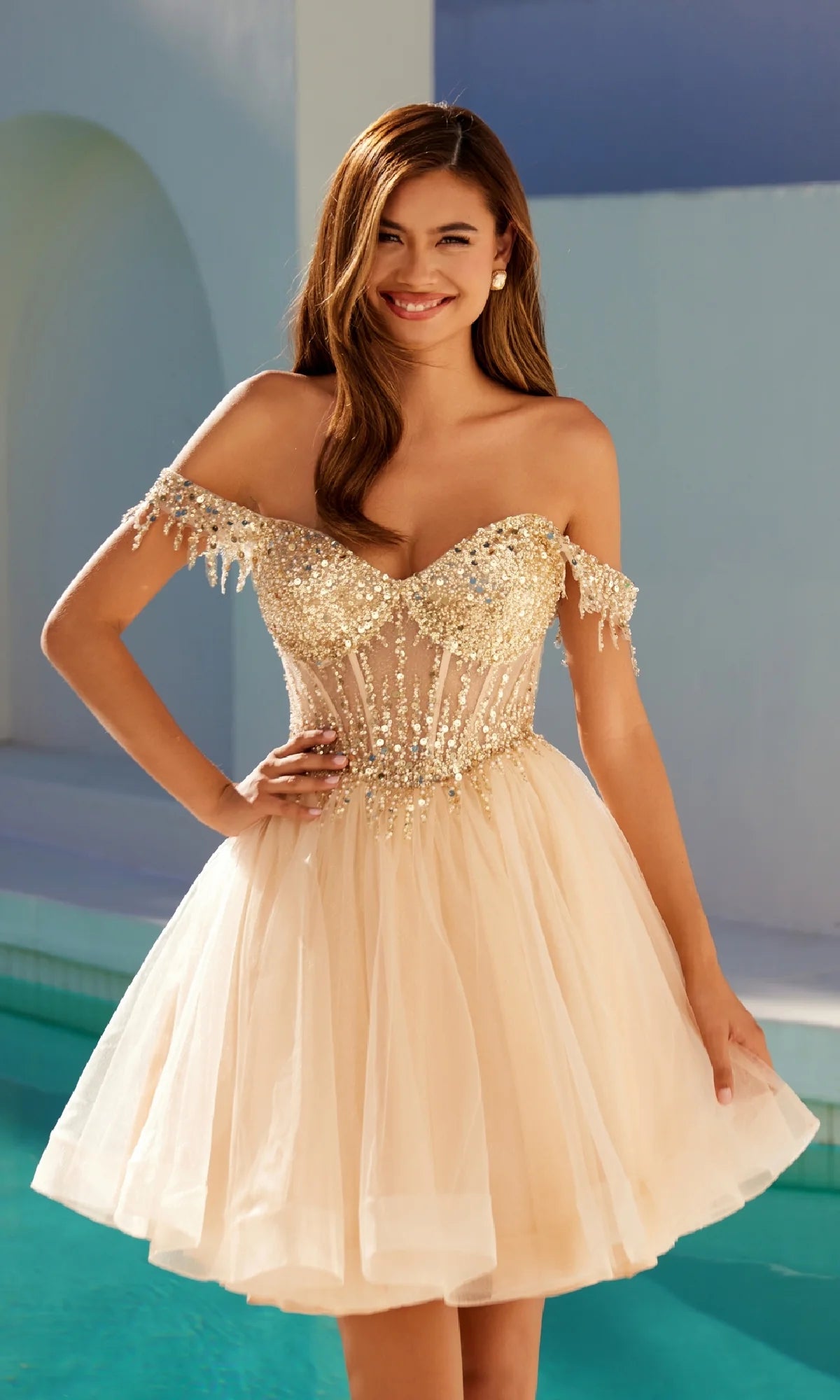 Champagne Off-the-Shoulder Beaded Corset Lace-Up Back A-Line Mini Evening Dresses