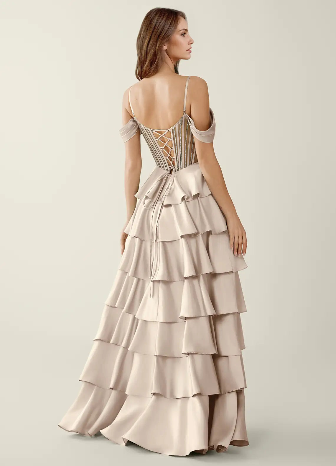 Champagne Off-the-Shoulder Corset Tiered Ruffle Evening Dress