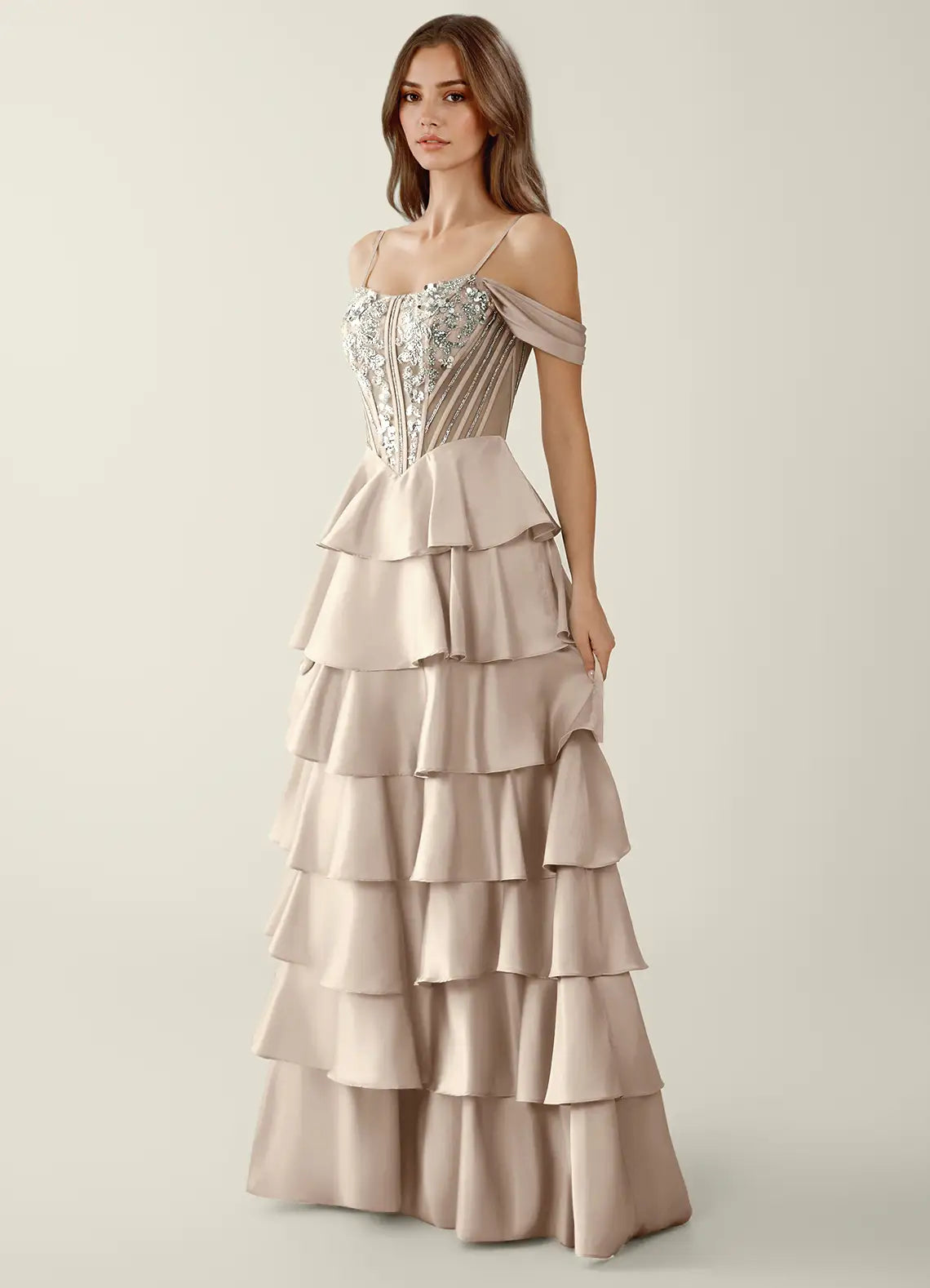 Champagne Off-the-Shoulder Corset Tiered Ruffle Evening Dress