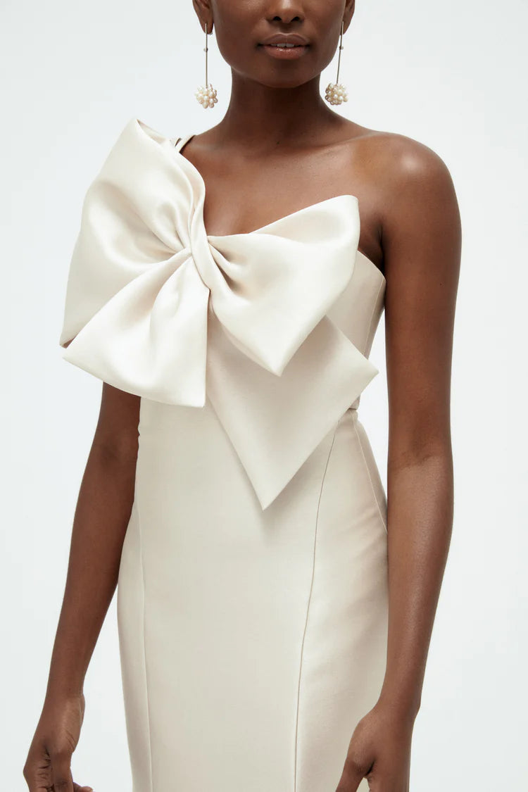 Champagne One Shoulder Bow Detail Mermaid Maxi Evening Dresses