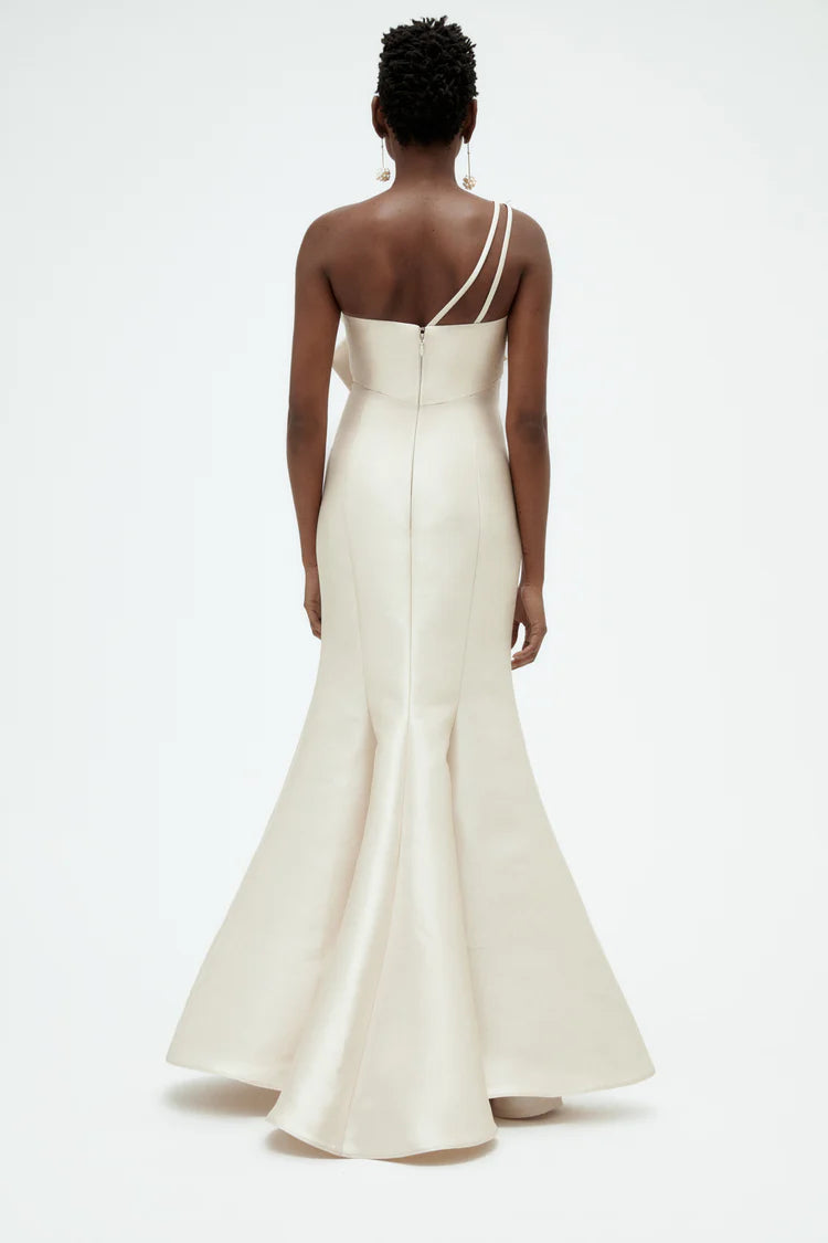 Champagne One Shoulder Bow Detail Mermaid Maxi Evening Dresses