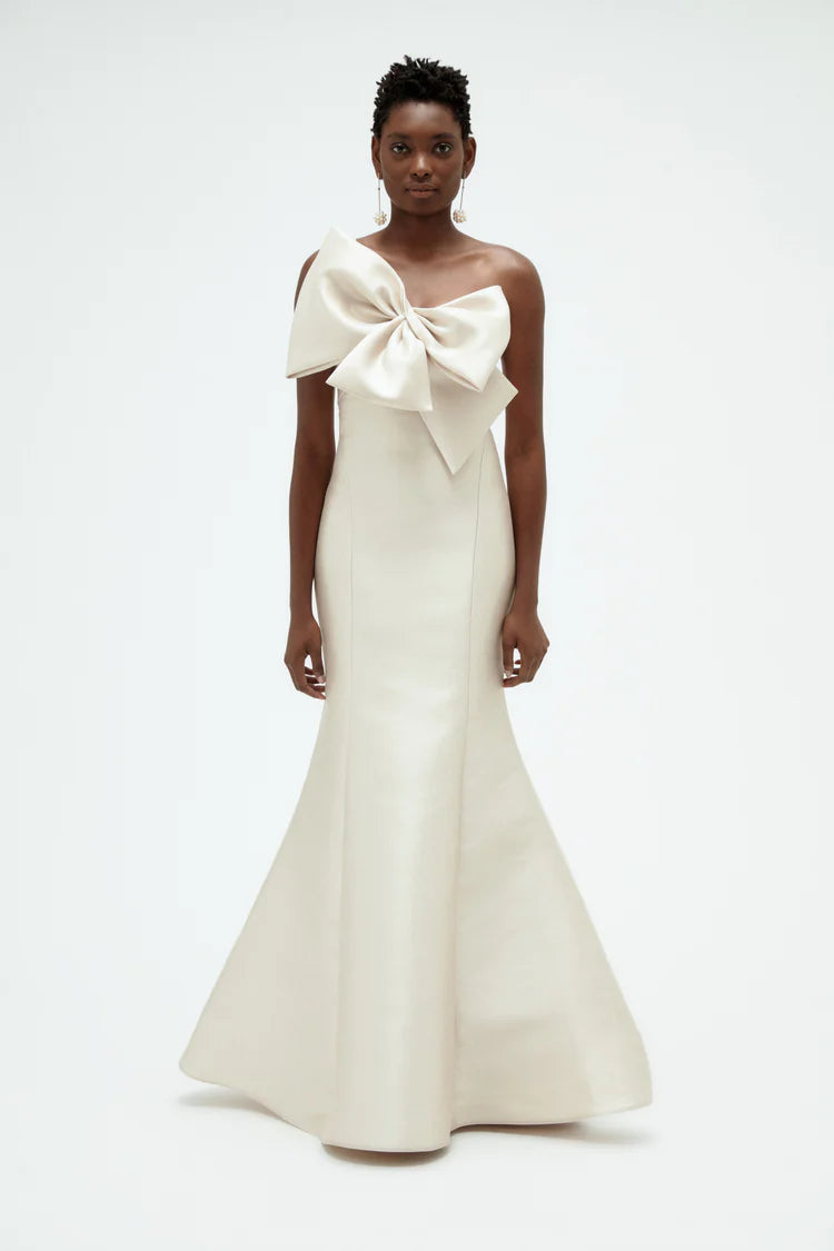 Champagne One Shoulder Bow Detail Mermaid Maxi Evening Dresses