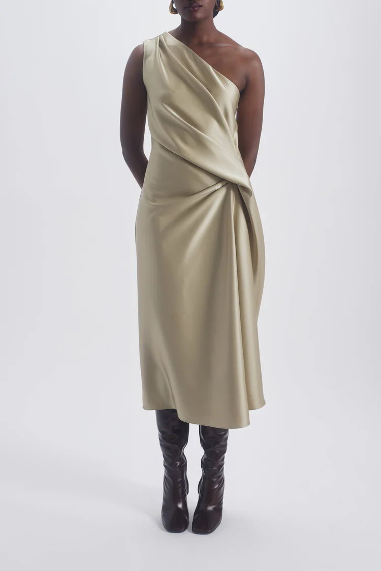 Champagne One Shoulder Draped Satin Midi Evening Dresses