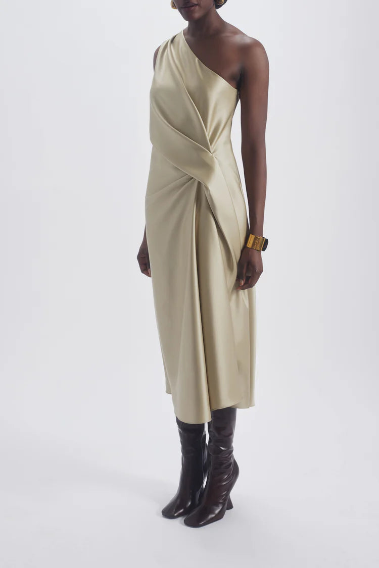 Champagne One Shoulder Draped Satin Midi Evening Dresses