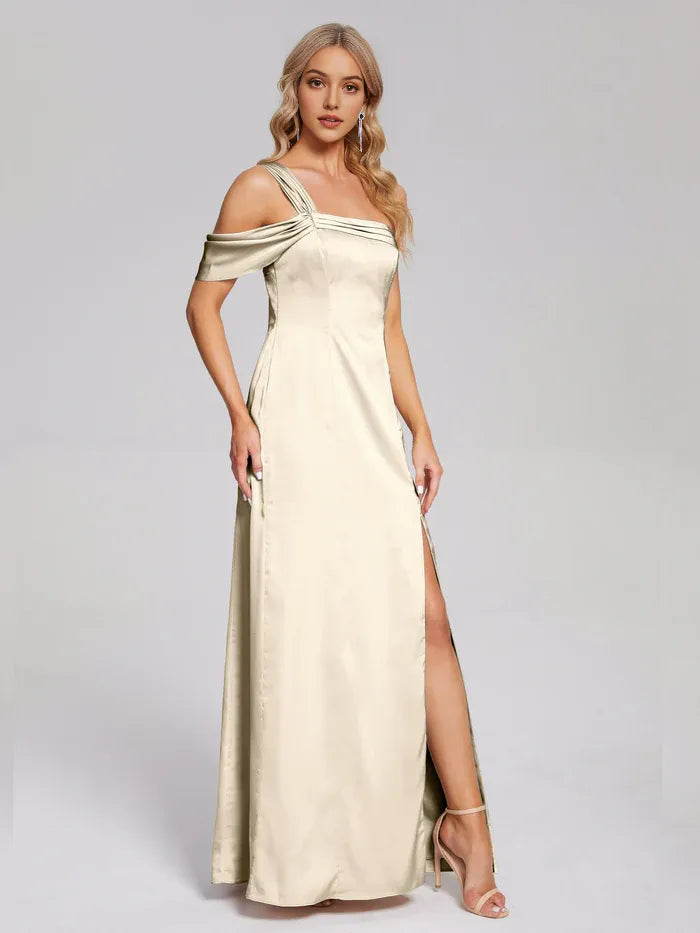 Champagne Satin Backless One Shoulder Soft Satin Prom Dress with Bow Detail and High Side Slit