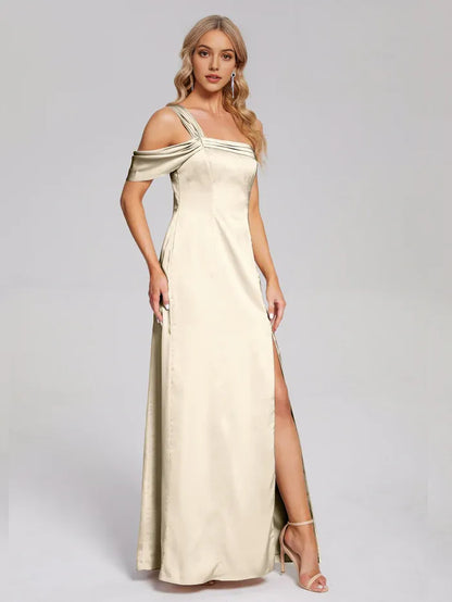 Champagne Satin Backless One Shoulder Soft Satin Prom Dress with Bow Detail and High Side Slit