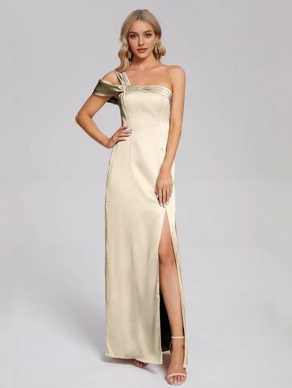 Champagne Satin Backless One Shoulder Soft Satin Prom Dress with Bow Detail and High Side Slit