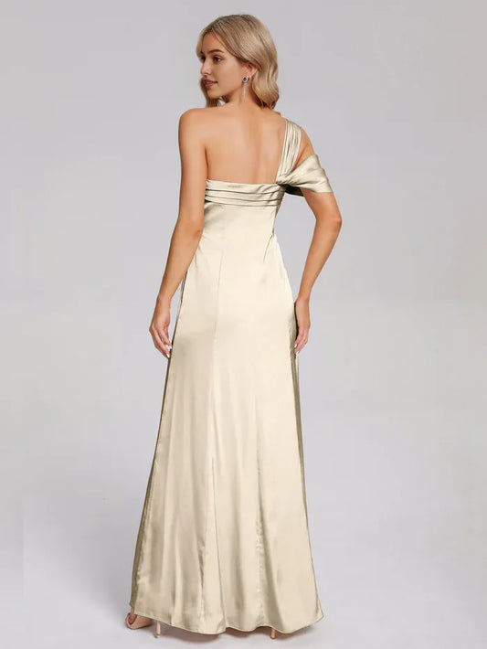 Champagne Satin Backless One Shoulder Soft Satin Prom Dress with Bow Detail and High Side Slit