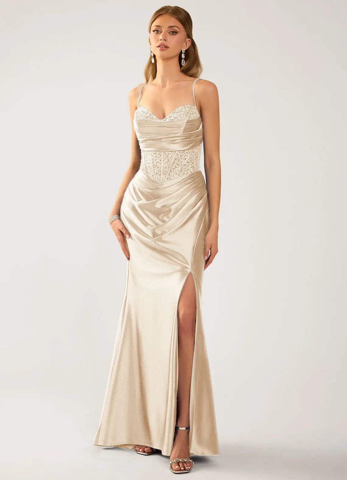 Champagne Satin Beaded Corset Lace-Up Back High Slit Mermaid Evening Dresses