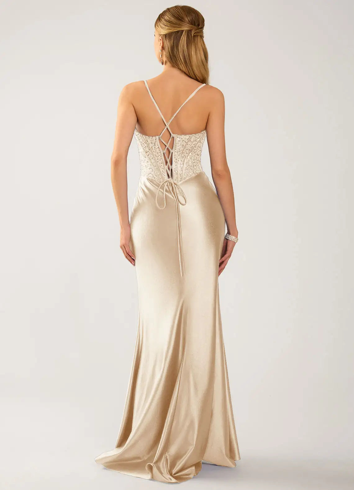 Champagne Satin Beaded Corset Lace-Up Back High Slit Mermaid Evening Dresses