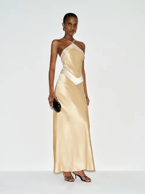 Champagne Satin Contrast Trim Halter Neck Open Back Maxi Prom Dress