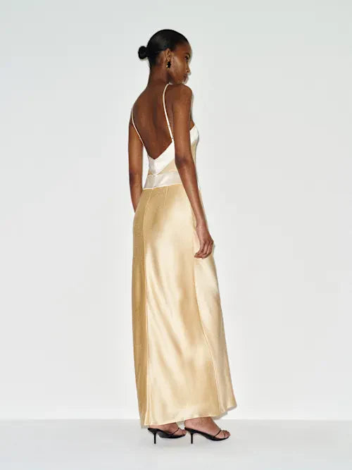 Champagne Satin Contrast Trim Halter Neck Open Back Maxi Prom Dress