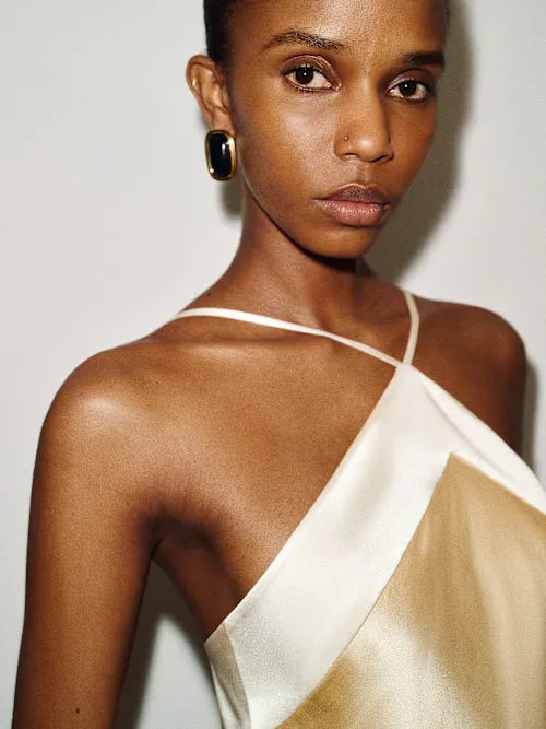 Champagne Satin Contrast Trim Halter Neck Open Back Maxi Prom Dress