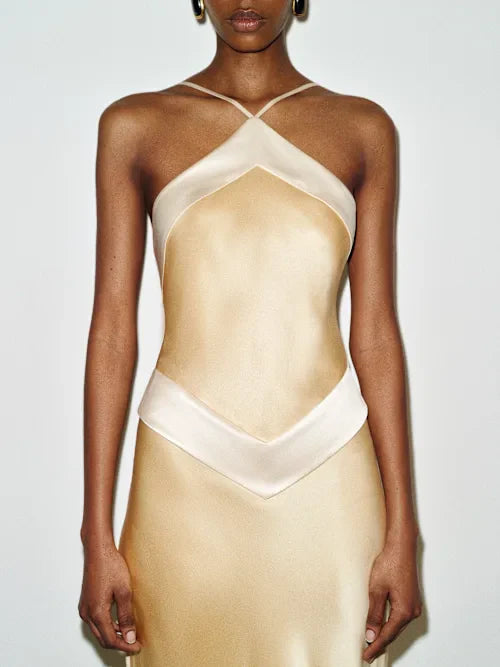 Champagne Satin Contrast Trim Halter Neck Open Back Maxi Prom Dress
