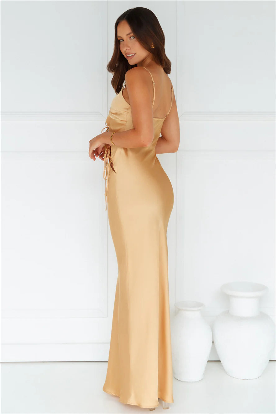 Champagne Satin Cutout Tie Detail Slip Maxi Evening Dresses