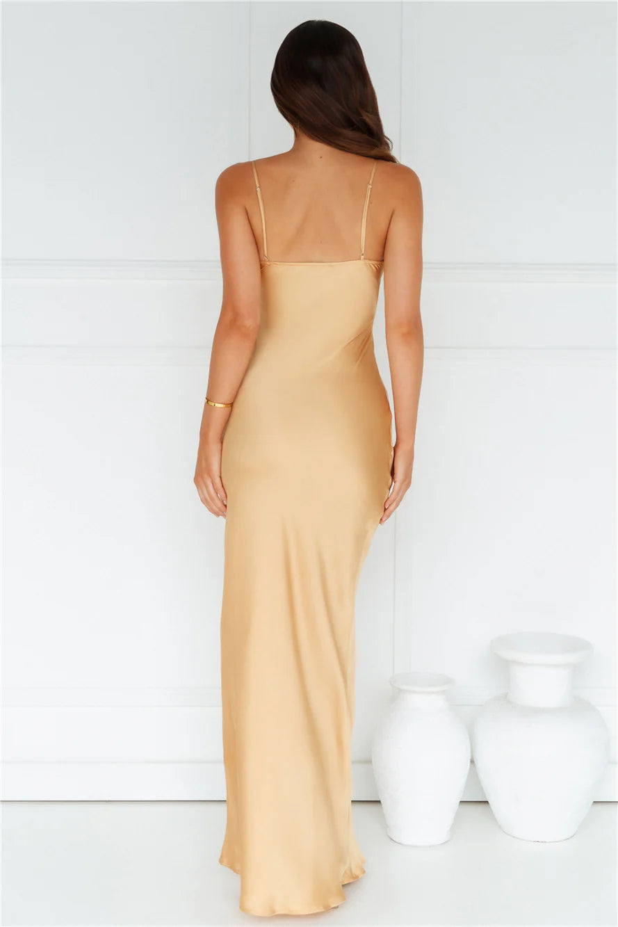 Champagne Satin Cutout Tie Detail Slip Maxi Evening Dresses