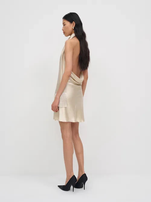 Champagne Satin Halter Neck Open Back Mini Prom Dress with Fringe Ties