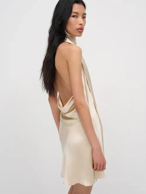 Champagne Satin Halter Neck Open Back Mini Prom Dress with Fringe Ties