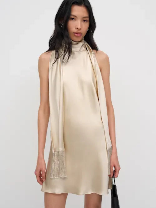 Champagne Satin Halter Neck Open Back Mini Prom Dress with Fringe Ties