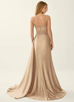 Champagne Satin Lace Corset High Slit Maxi Evening Dresses