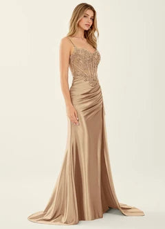 Champagne Satin Lace Corset High Slit Maxi Evening Dresses