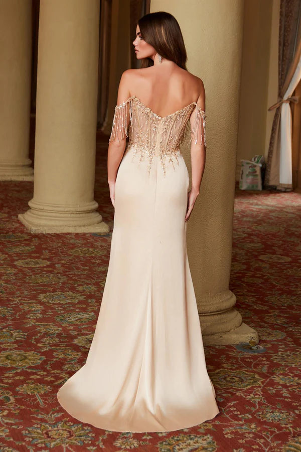 Champagne Satin Off-Shoulder Fringe Sequin Corset High Slit Mermaid Train Evening Dresses