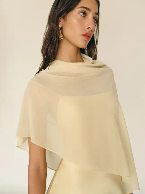 Champagne Satin Slip with Sheer Chiffon Capelet Maxi Prom Dress