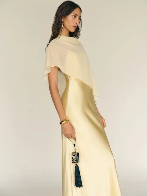 Champagne Satin Slip with Sheer Chiffon Capelet Maxi Prom Dress