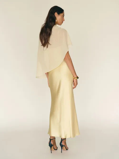 Champagne Satin Slip with Sheer Chiffon Capelet Maxi Prom Dress