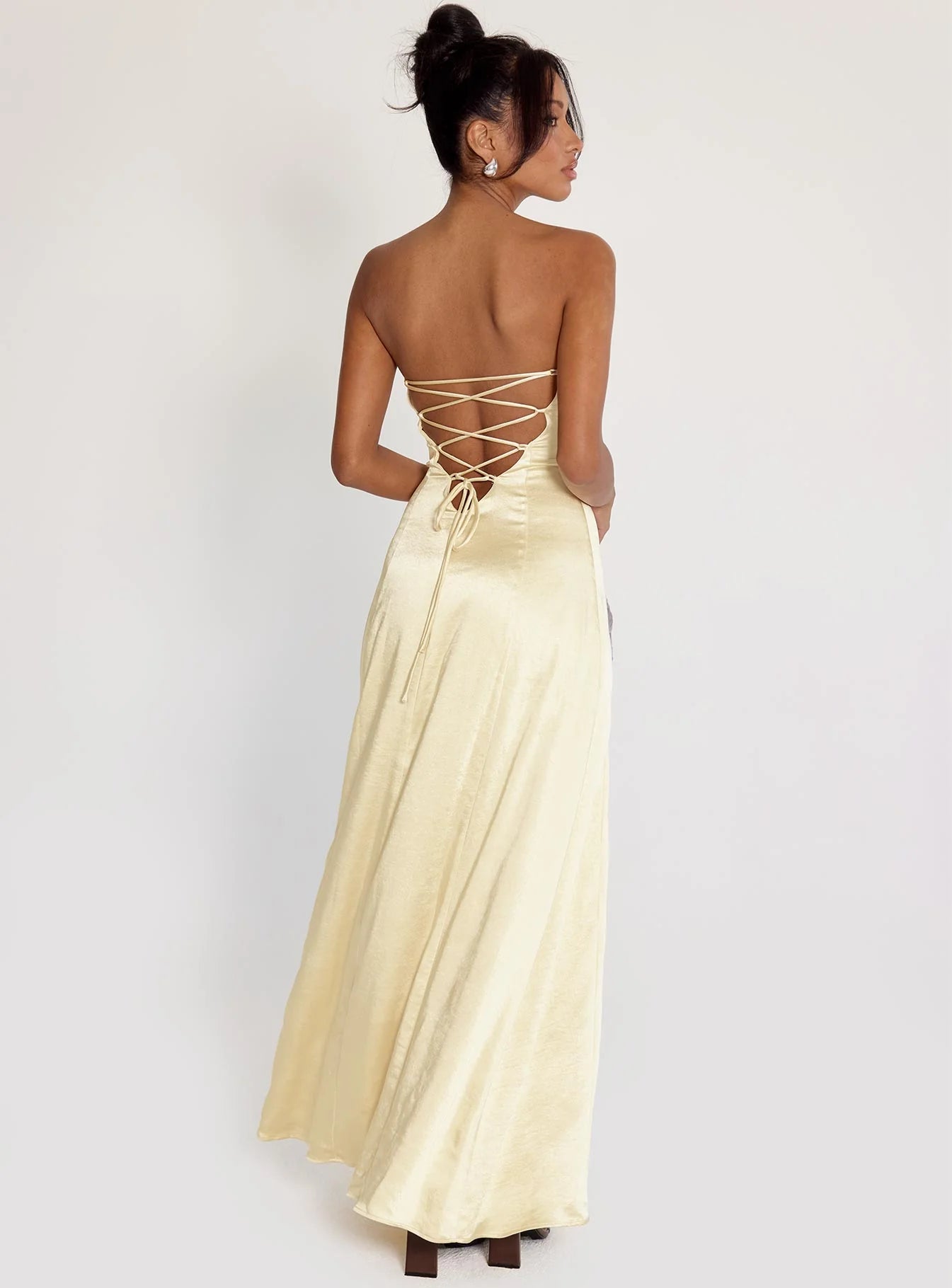 Champagne Satin Strapless Lace-Up Maxi Evening Dresses