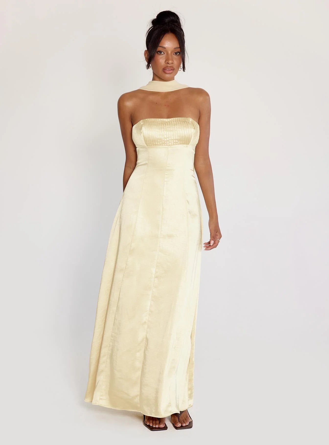 Champagne Satin Strapless Lace-Up Maxi Evening Dresses