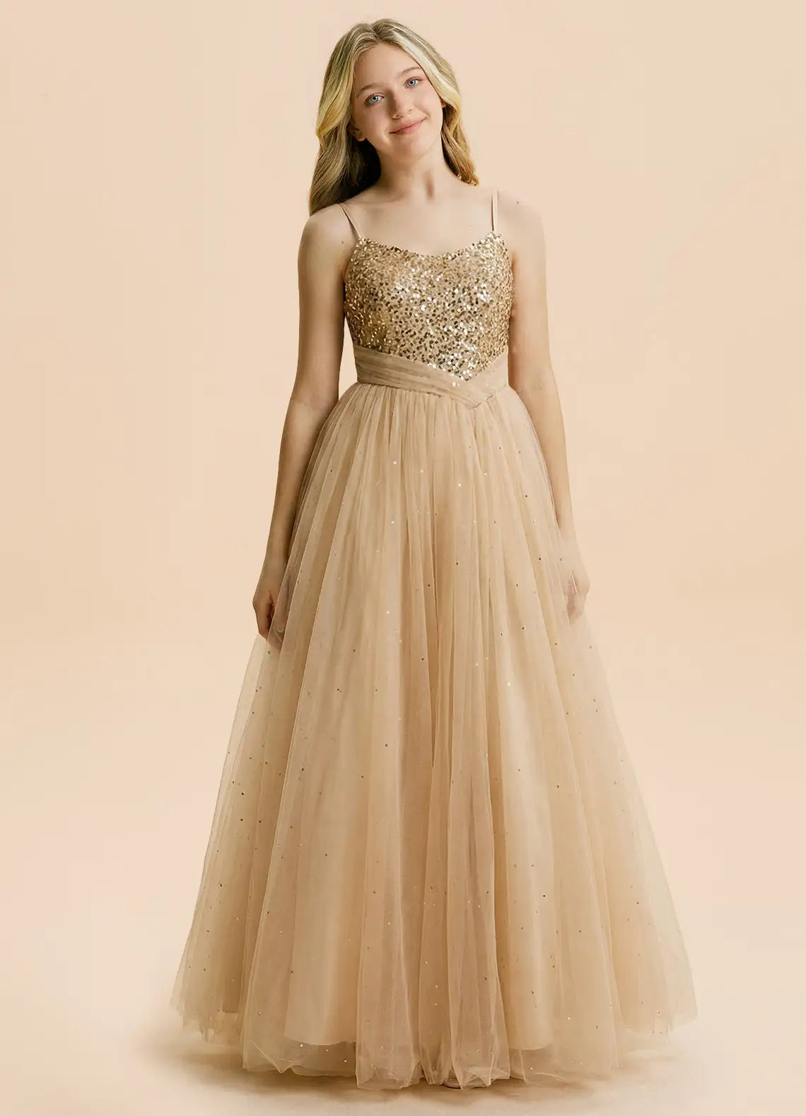 Champagne Sequin Tulle A-Line Evening Dresses