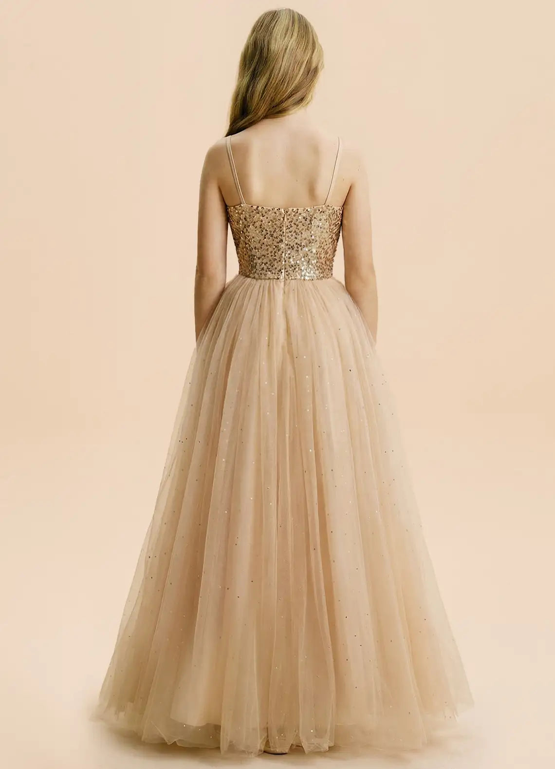 Champagne Sequin Tulle A-Line Evening Dresses