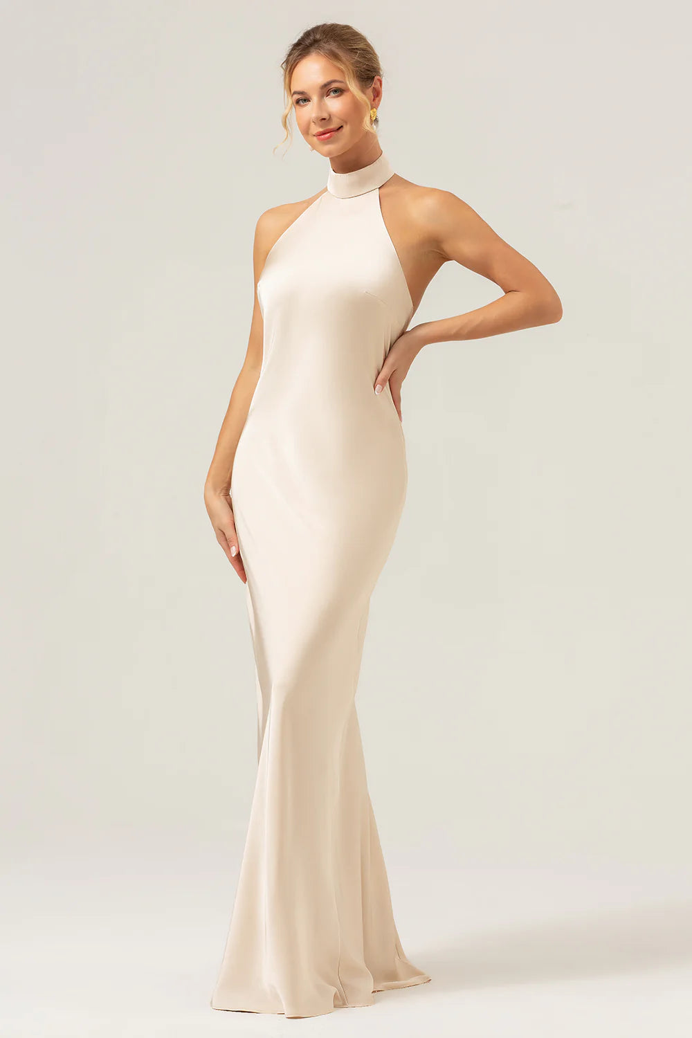 Champagne Sheath Halter Backless Long Satin Bridesmaid Dress with Slit