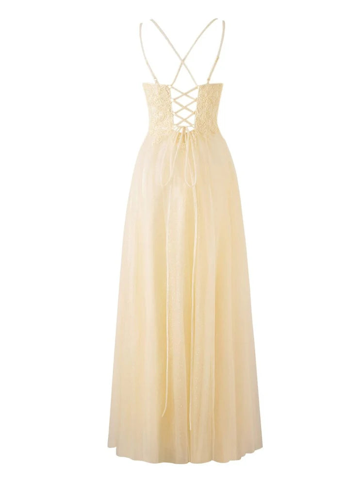 Champagne Spaghetti Strap Lace Tulle Evening Dresses