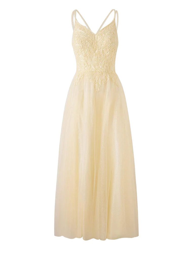 Champagne Spaghetti Strap Lace Tulle Evening Dresses